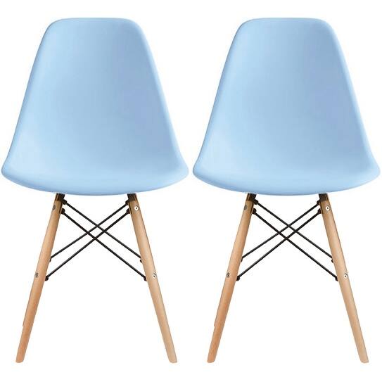 Set of 2 Mid-Century Modern Dining Chairs Armless Plastic Shell Seat with Natural Wooden Eiffel Leg Base, Red - Blue
