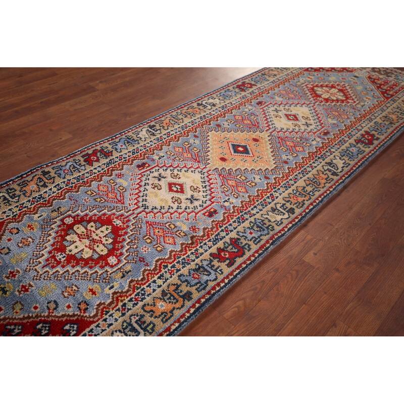 Light Blue Kazak Oriental Runner Rug Handmade Wool Carpet - 2'7"x 8'0"