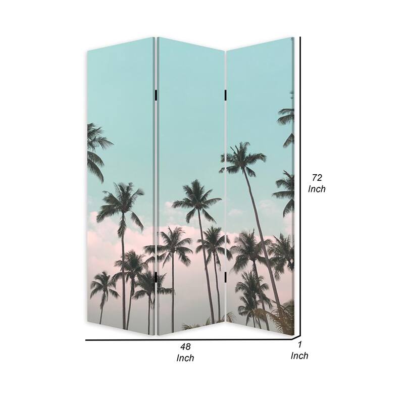 72 Inch 3 Panel Canvas Foldable Room Divider, Blue Sky, Palm Trees, Black