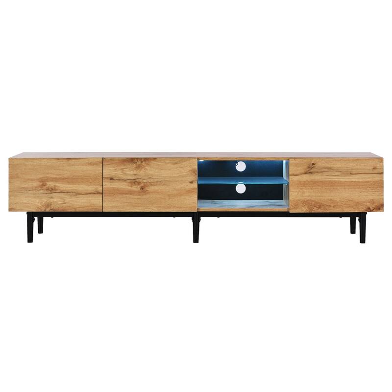 Modern LED Light TV Stand with Drop Down Door and Open Shelves