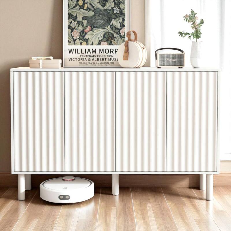 Minimalist Cream 4-Door Shoe Cabinet with Fluted Doors, Adjustable Shelves & Solid Wood Legs, Modern Entryway Storage Sideboard - White