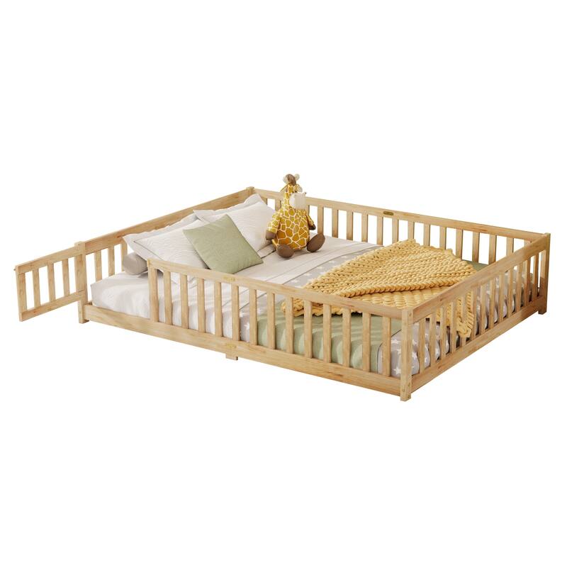 Roomfitters Queen Floor Bed with Surround Fence and Swing Door, Rubber Wood Platform with Guardrails and Slats, Natural