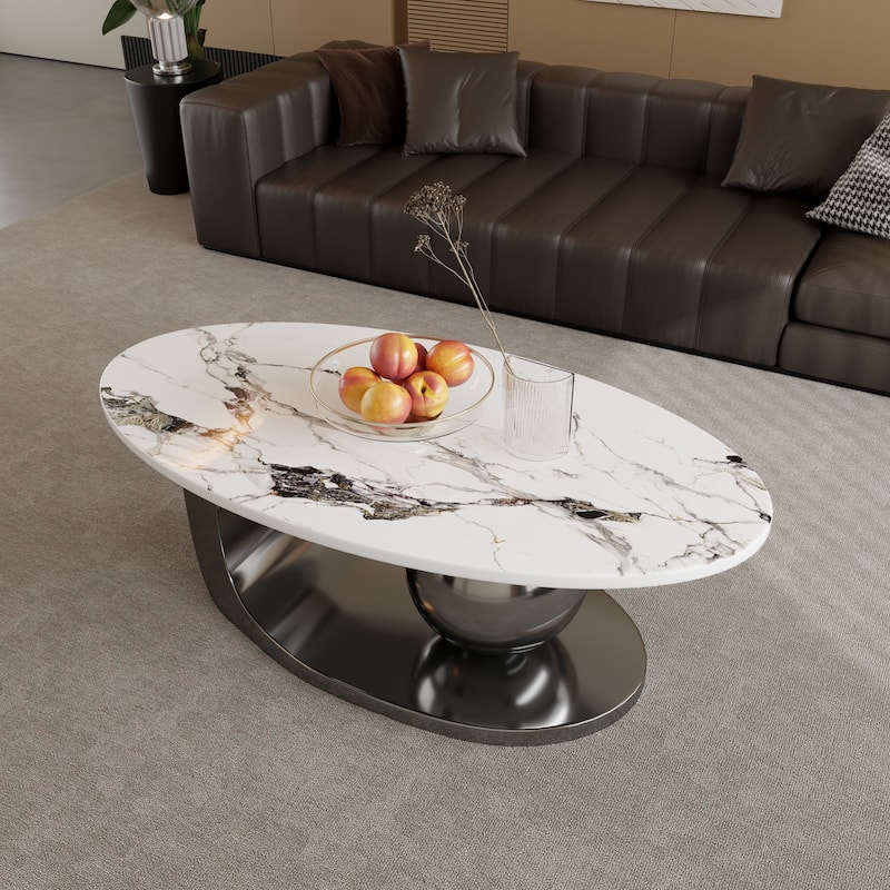 51" Modern Pandora Oval Coffee Table with Glossy Sintered stone top, Luxury Coffee Table, Stainless Steel Legs for Livingroom