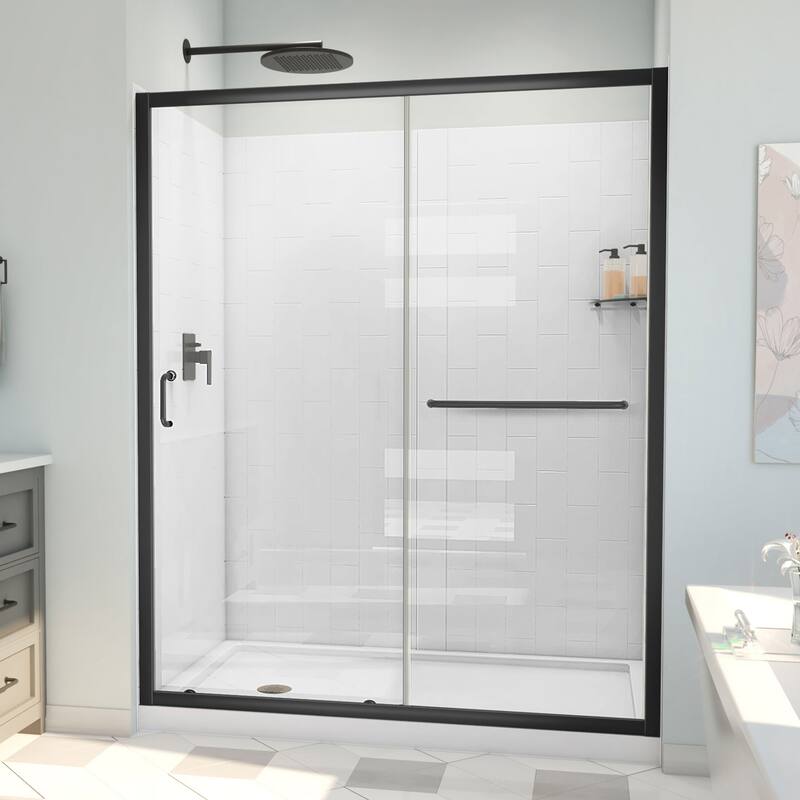 DreamLine Infinity-Z 30" D x 60" W x 78 3/4" H Sliding Shower Door, Base, and White Wall Kit in Satin Black and Clear Glass