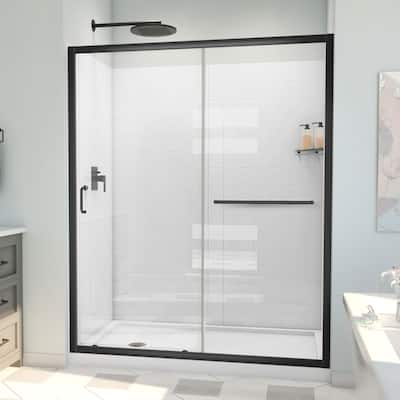 DreamLine Infinity-Z 30" D x 60" W x 78 3/4" H Sliding Shower Door, Base, and White Wall Kit in Satin Black and Clear Glass