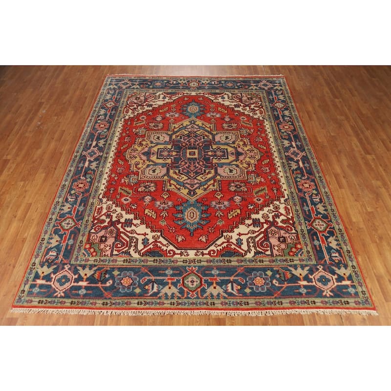 Geometric Heriz Serapi Indian Rug Hand-Knotted Orange Wool Carpet - 7'10"x 9'9"