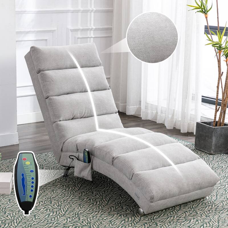 Luxury Upholstered Chaise Lounge Chair with Vibration for Relaxation, Fixed Back Fabric Leisure Recliner Sofa - LIGHT GREY