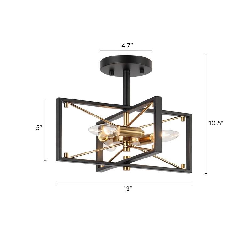 Modern Black Gold 3-Light Sputnik Semi-Flush Mount Ceiling Light Cage Starburst Chandeliers - 13"L x 10.5"H