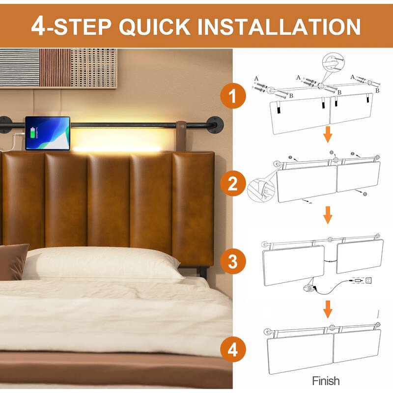 Wayna Headboard with USB and Light, Wall Mounted Headboard