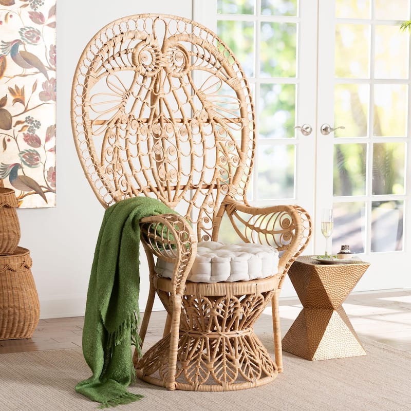 Kimiko Natural Rattan Peacock Chair with Cushion - Handwoven Wicker Accent Chair with Fan Backrest, Boho Coastal Seating