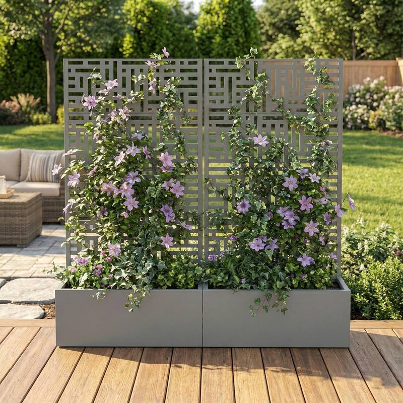 Galvanized Planter Box with Trellis & Privacy Screen