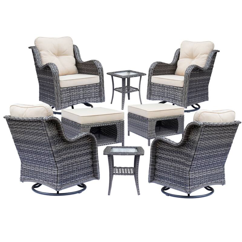 Gray Rattan Outdoor Patio Conversation Sets with Swivel Rocker Chairs