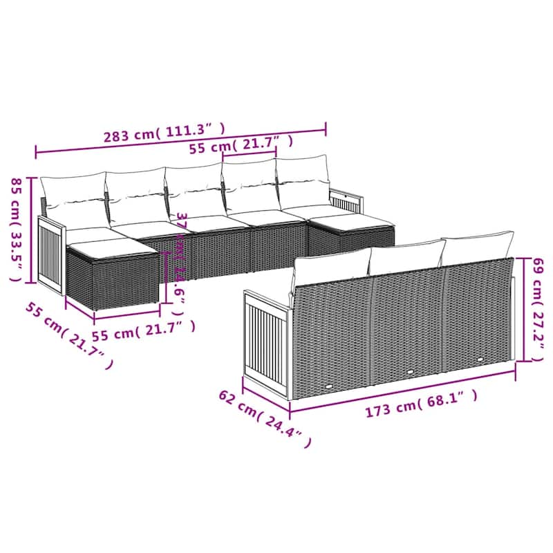 vidaXL 10 Piece Patio Sofa Set with Cushions Black Poly Rattan