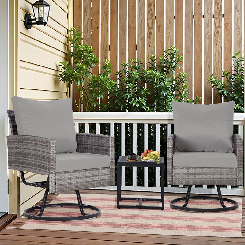 3-Piece Wicker Patio Furniture Set Rattan Swivel Chairs with Coffee Table, Outdoor Seating for Porch, Balcony, Garden - Gray