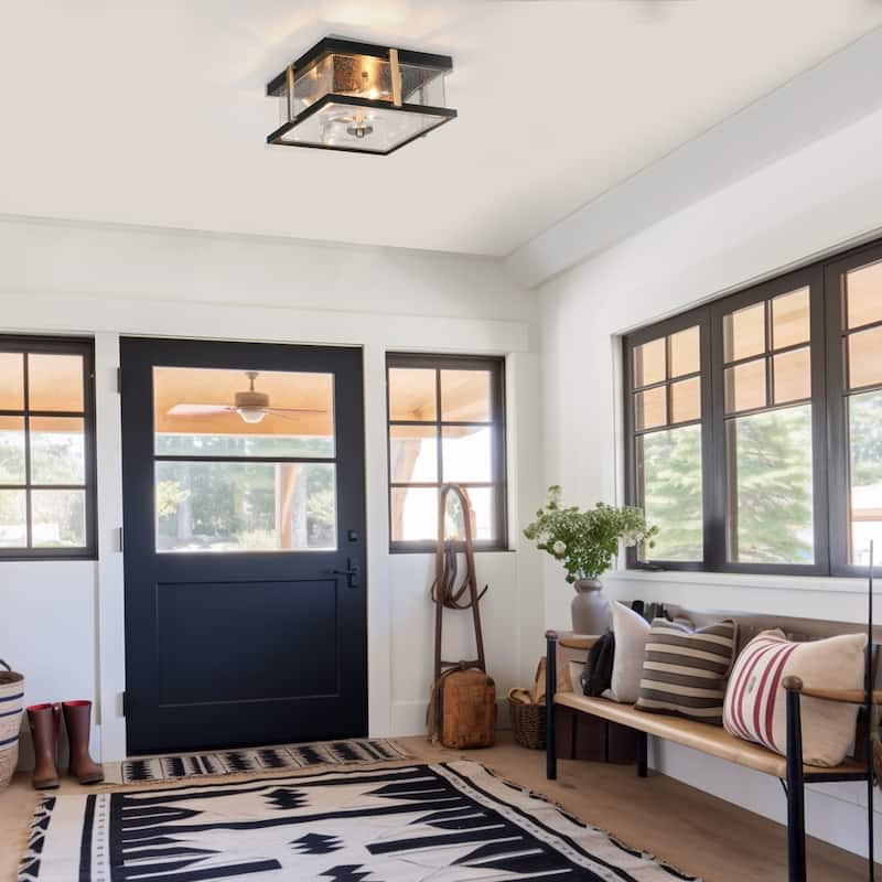 Modern 3-Light Black Gold Square Glass Flush Mount Ceiling Foyer Light - 12" L x 12" W x 5.5" H