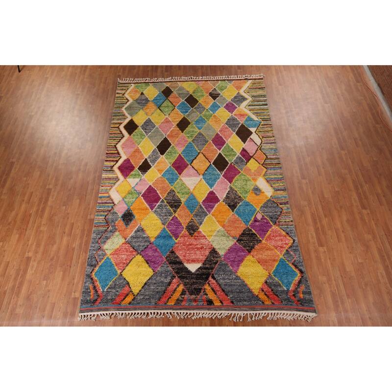 Colorful Trellis Plush Moroccan Area Rug Hand-Knotted Wool Carpet - 8'5" x 13'1"