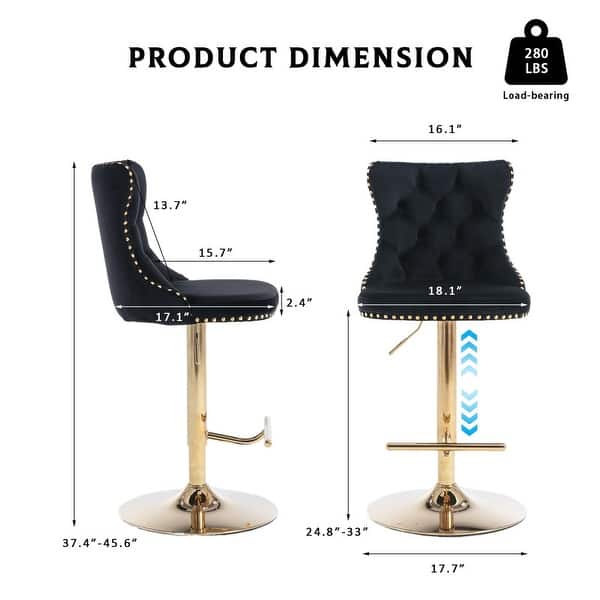 dimension image slide 10 of 16, Velvet Upholstered Nailheads Tufted Swivel Bar Stools (Set of 6)