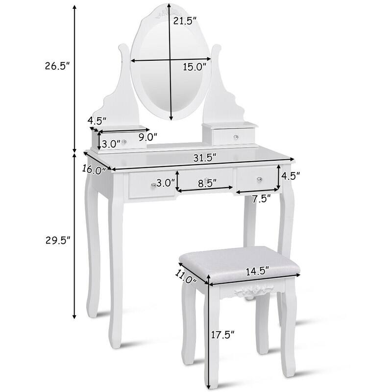 Gymax Bedroom Wooden Mirrored Makeup Vanity Set Stool Table Set White