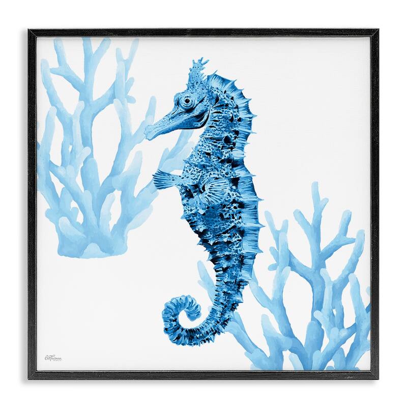 Stupell Blue Tone Seahorse & Coral Framed Giclee Art Design By Cat Thurman Designs - 24 x 24 - Black