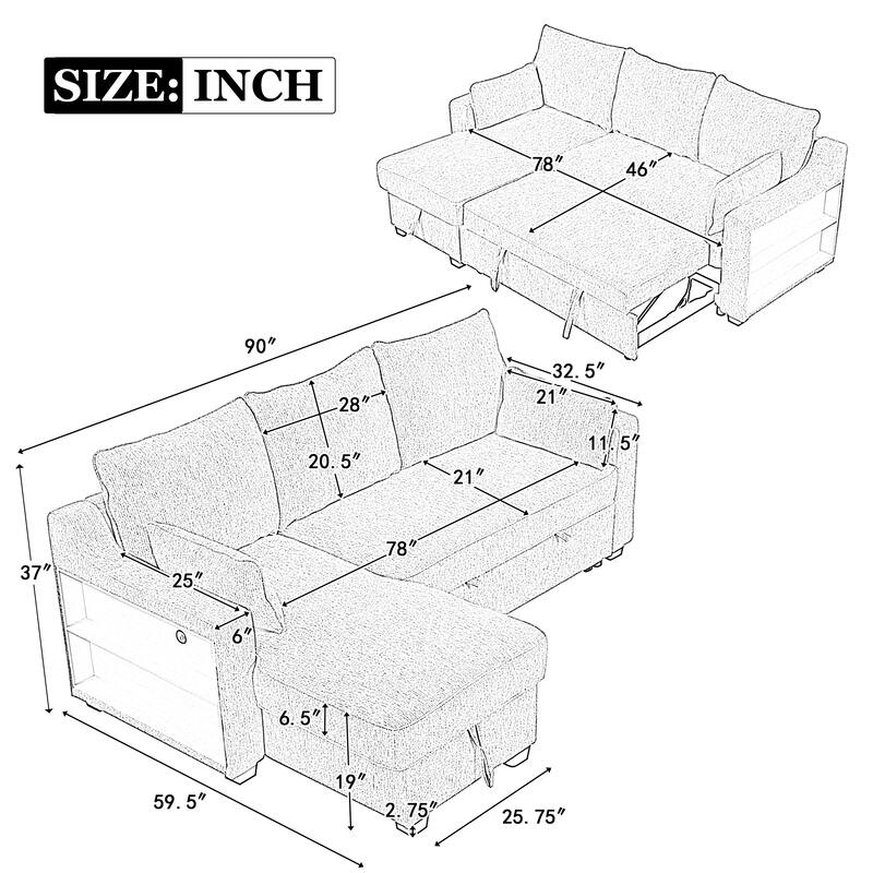 90" Convertible Sleeper Sofa with Storage Chaise, USB Ports, Storage Racks for Compact Spaces