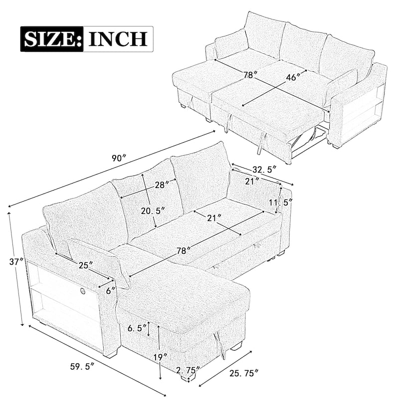 Roomfitters Convertible L-Shaped Pull-Out Sleeper Sofa Bed with Storage Chaise, Storage Racks, and USB Ports for Living Room