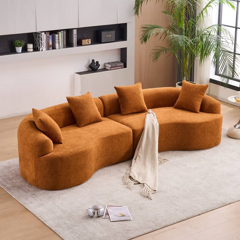 Full Compression Sponge Chenille Curved Sleeper Sofa Couch with 4 Pillows