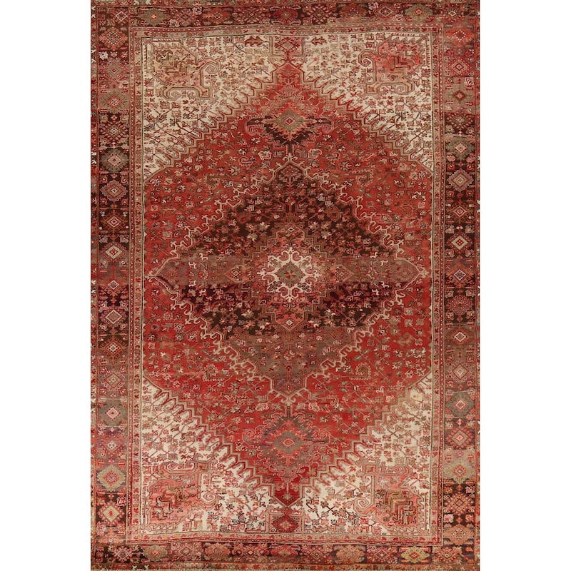 Red Geometric Heriz Persian Vintage Area Rug Handmade Wool Carpet - 9'10"x 12'8"