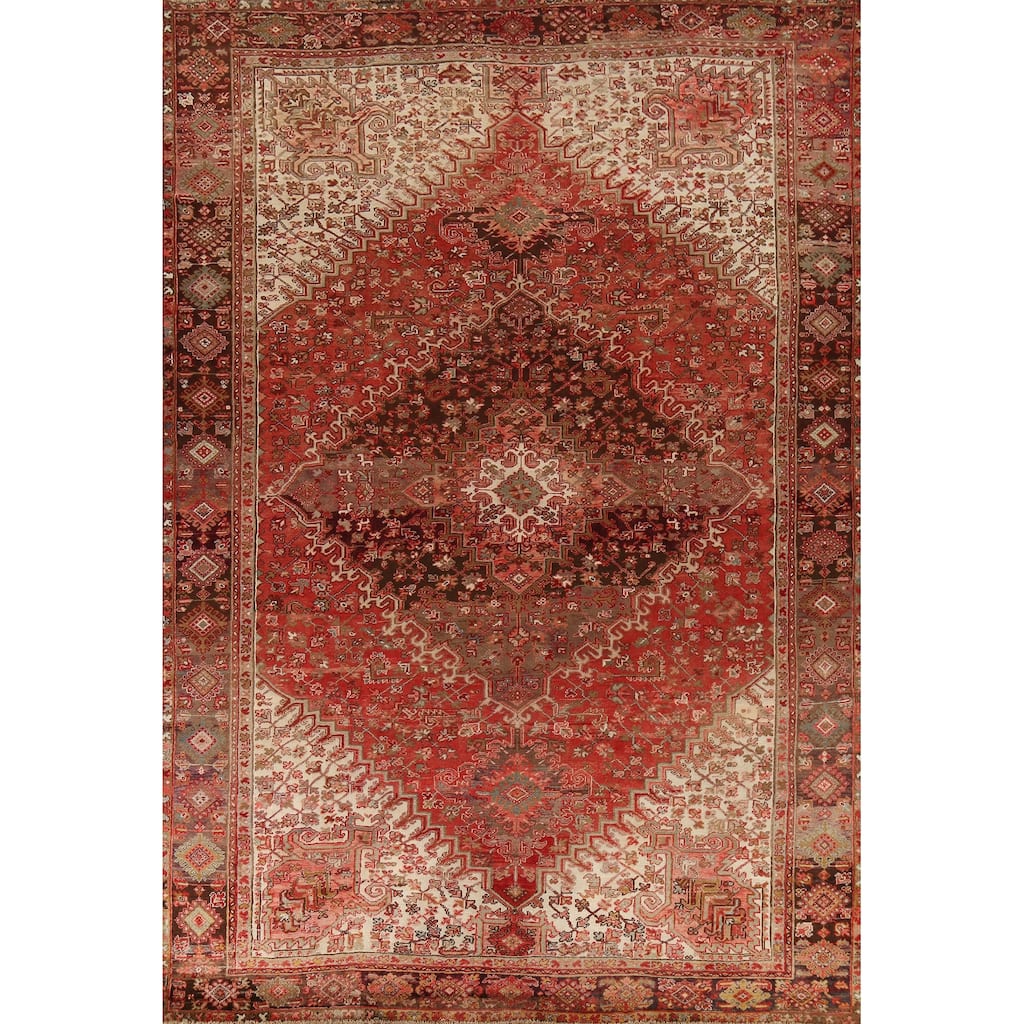 Red Geometric Heriz Persian Vintage Area Rug Handmade Wool Carpet - 9'10"x 12'8"