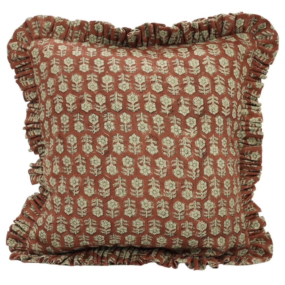 Handmade Rust BLOCK PRINT FRILL PILLOW COVER-TULSIBUTTI