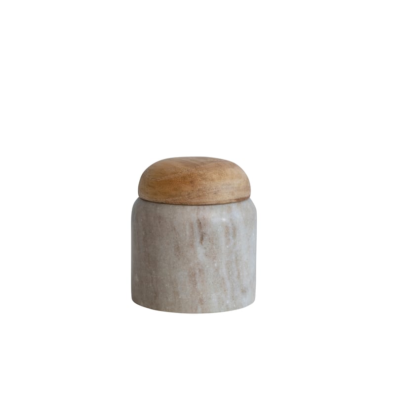 Marble and Mango Wood Pinch Pot with Lid - BN1 - 3" Round x 3-1/4"H - Beige & Natural I