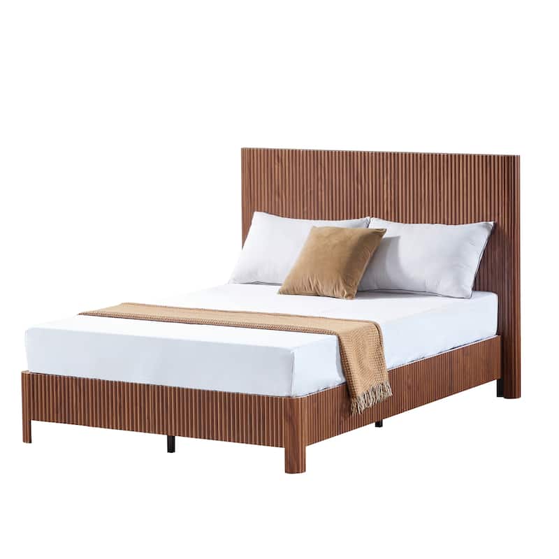 Low Profile Platform Bed, Wooden Corrugated Curved Lines Headboard Wingback Bed, Metal Slat Support Bed Frame