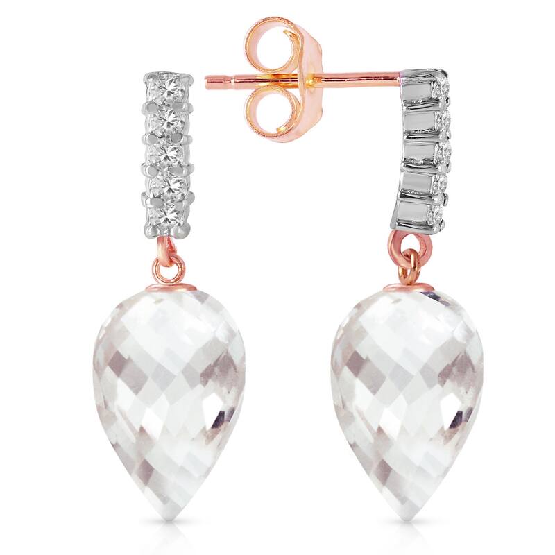 14K Solid Gold Diamond & Rose Topaz Certified Gemstone Earrings - Rose