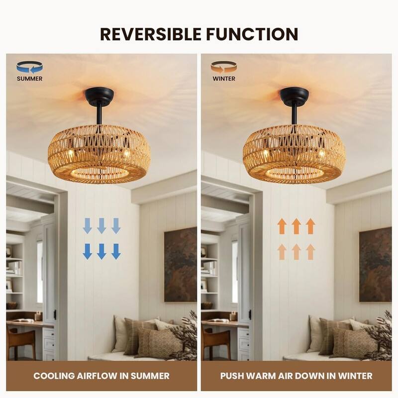 20" Boho Caged Ceiling Fan with Lights Remote Control Rattan Low Profile Ceiling Fan Farmhouse Ceiling Fansfor Kitchen Bedroom