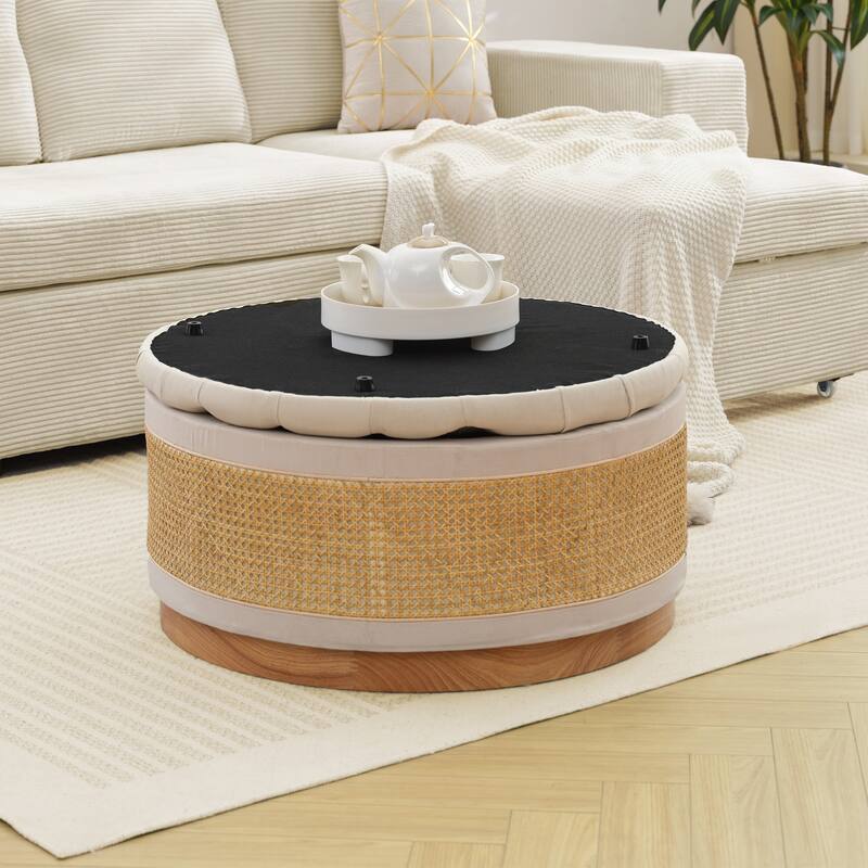 Linen & Rattan Round Storage Ottoman, Button-tufted Upholstery