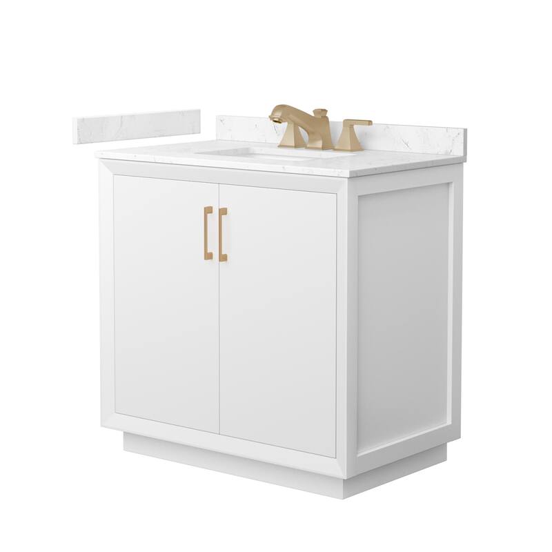 Wyndham Collection WCF4141-36S-VCA-US3MXX Strada 36" Free Standing - White / Carrara Cultured Marble Top / Satin Bronze