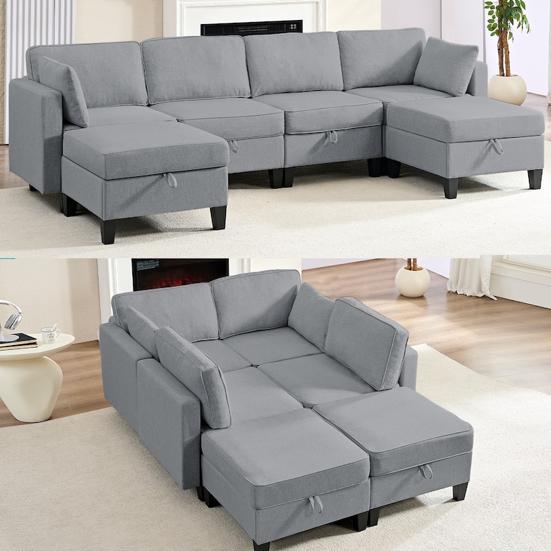 Mixoy Flexible Combination Reversible 4-Seater Modular Sofa with Ottomans,Linen Convertible Sleeper Sofa Bed with Storage Space
