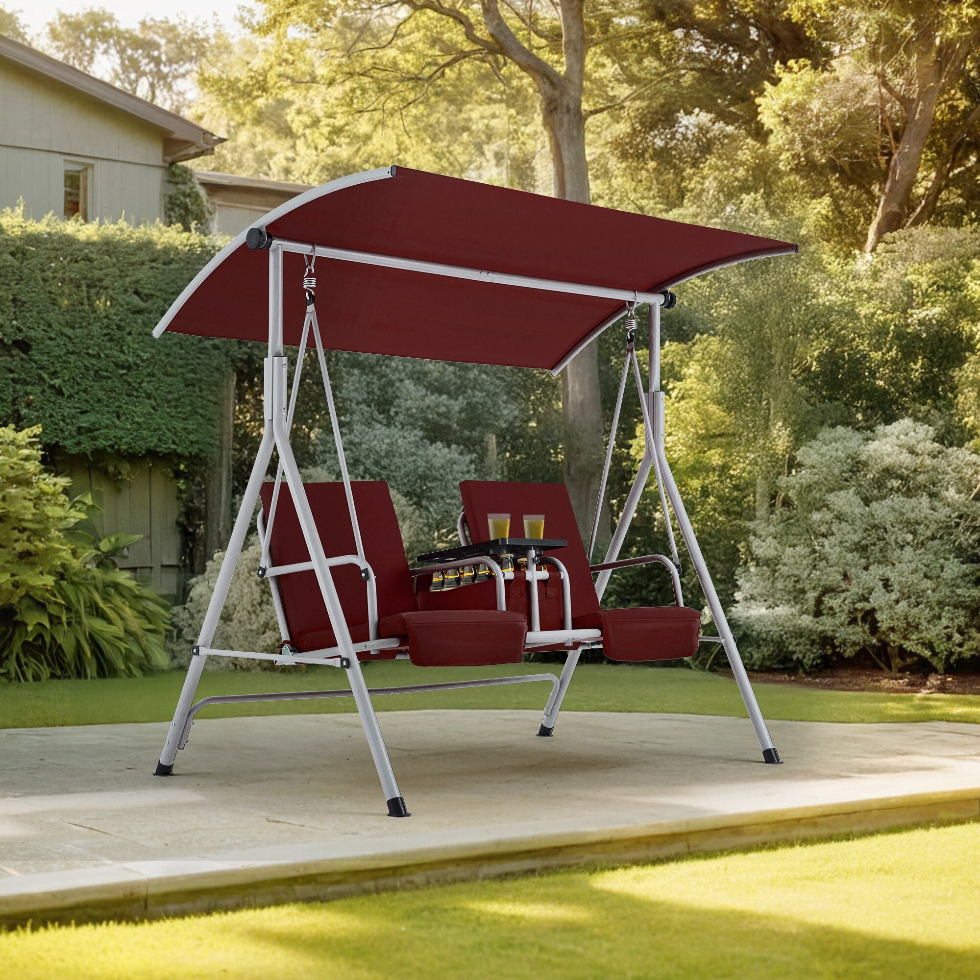 Outdoor Swing with Stand, Canopy, Pivot Table & 2 Cup Holders - Patio, Balcony, Bedroom