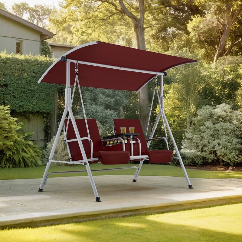 Outdoor Swing with Stand, Canopy, Pivot Table & 2 Cup Holders - Patio, Balcony, Bedroom - Wine Red