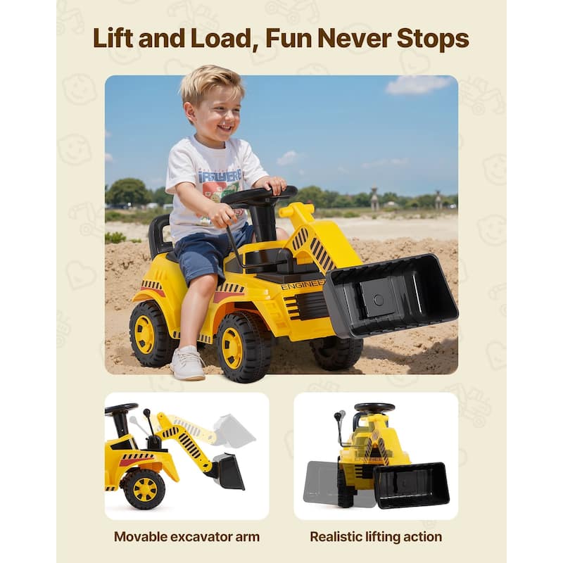 Ride-On Excavator Digger Car with Music and Storage, Toddler Toy - 42.1 x 11.4 x 21.3 in