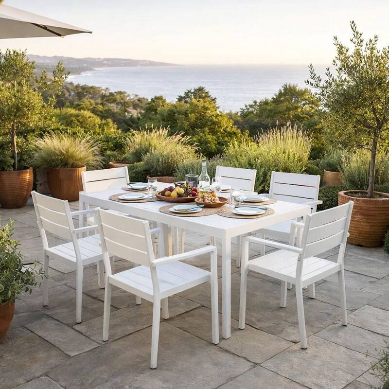 Cora 21 Inch 4 Piece Armchairs and 2 Side Chairs Set, White Aluminum Frame