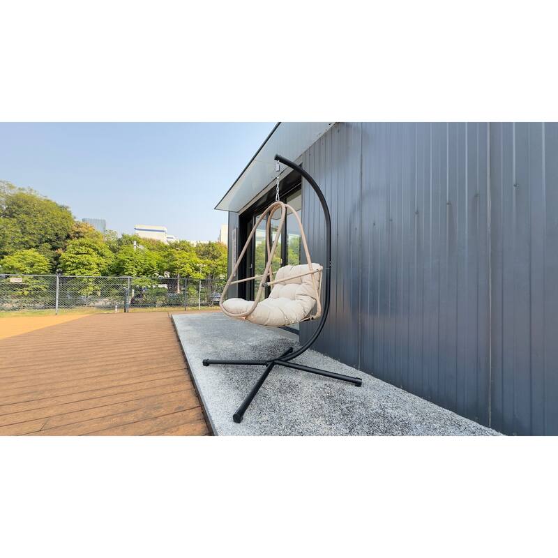 Swing Egg Chair with Stand and Cup Holder, Basket Hanging Chair with Cushion & Pillow Patio Wicker Hanging Chair