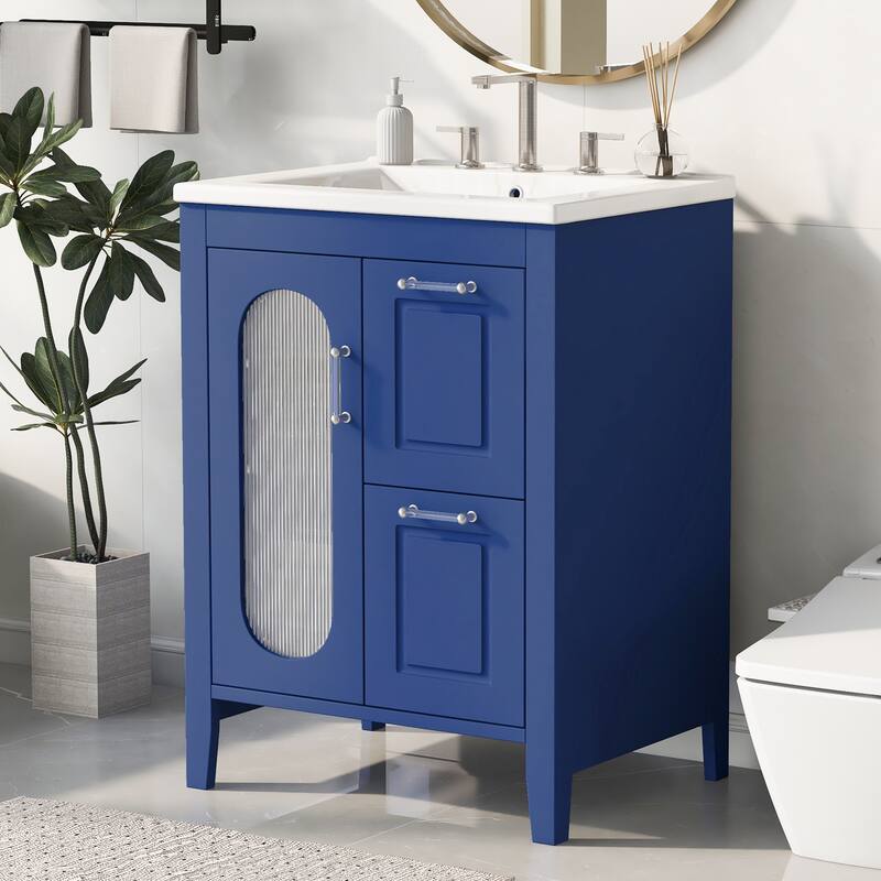 Bathroom Vanity with Sink, Vanity Set with Glass Door and 2 Drawers, Wooden Bathroom Cabinet with Adjustable Shelf - Blue