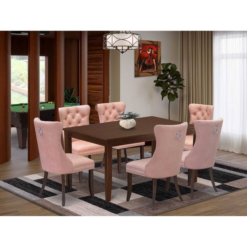 7 Piece Dining Set - Rectangle Kitchen Table with 6 Parson Chairs - Mahogany Finish