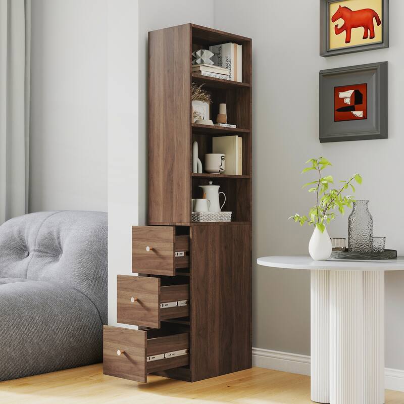 Modern Wooden Tall Display Storage Cabinet with 4-Tier Shelves and 3 Side Drawers for Living Room and Home Office - Walnut