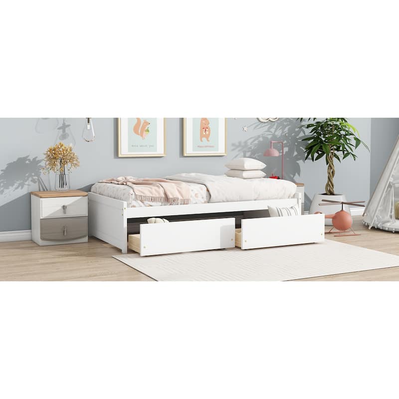Roomfitters Twin Rubber Wood Bed Frame with Two Pull-Out Storage Units, Low Profile Platform Design