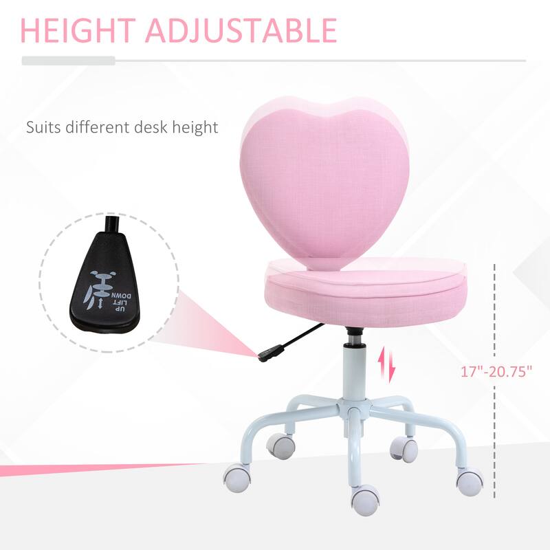 Heart Love Shaped Back Design Office Chair with Adjustable Height and 360 Swivel Castor Wheels, for Office, Pink