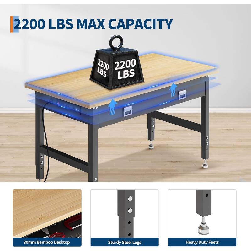 60" Workbench with Large Drawers,2200LBS Capacity Adjustable Desk, 28"-40" Manual Height Garage Storage Table