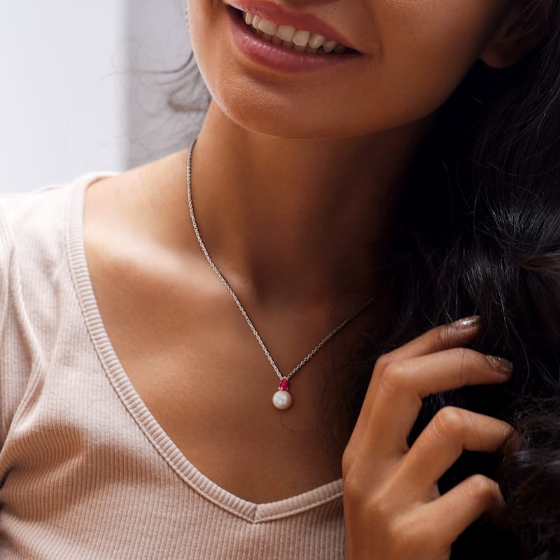 Miadora 3/5ct TGW Created Ruby and 8.5-9mm Cultured Freshwater Pearl Pendant with Chain Silver - 15.5 mm x 8.7 mm