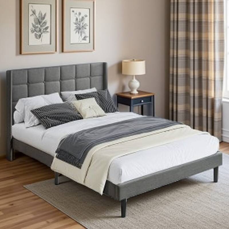 Modern Queen Upholstered Platform Bed Frame with Button Tufted Linen Headboard, No Box Spring Required, Wood Slat Support - DARK GREY