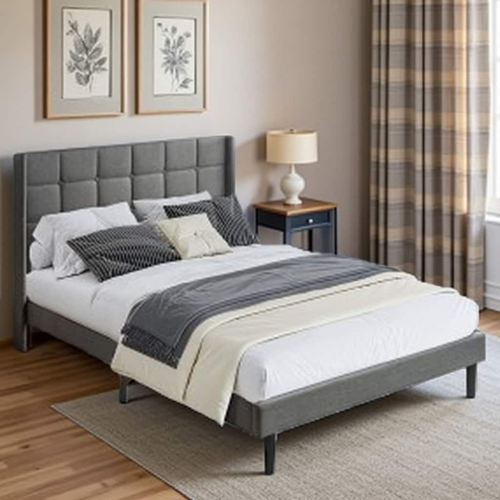 Modern Queen Upholstered Platform Bed Frame with Button Tufted Linen Headboard, No Box Spring Required, Wood Slat Support